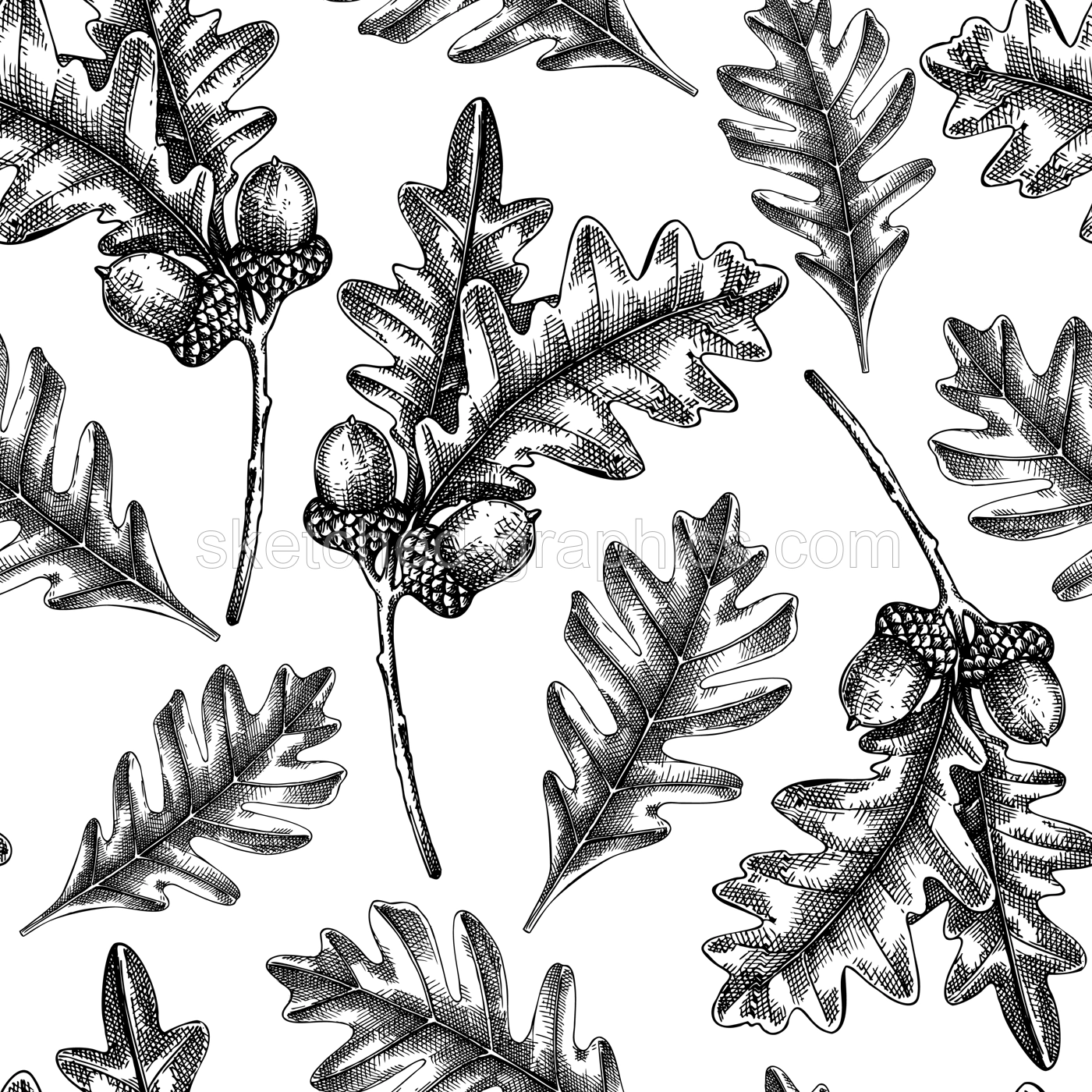 Oaktree seamless pattern Decorative autumn leaf sketches. Hand-drawn botanical backdrop in sketched style. Vintage oak tree branch with fall leaves and acorn illustrations. Thanksgiving background Illustration